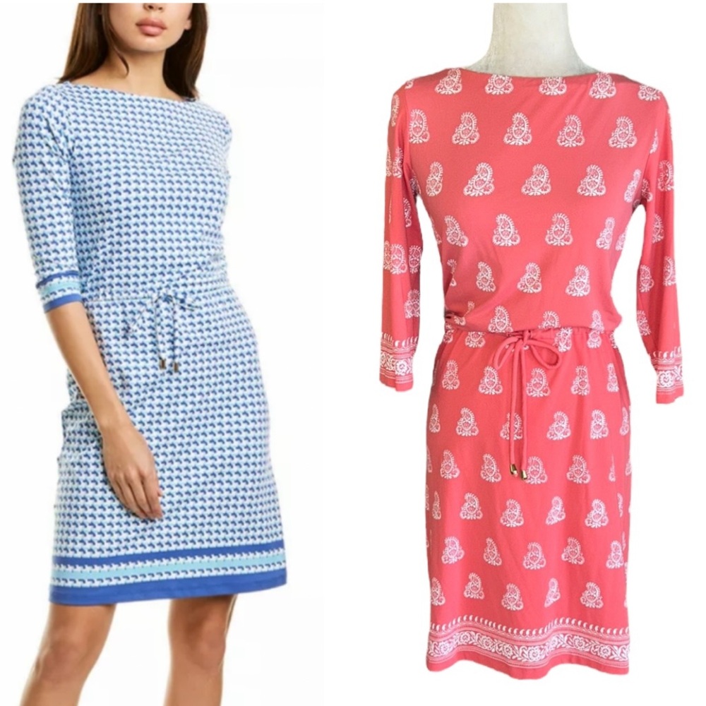 J. McLaughlin Marianne Coral Orange White Paisley Drawstring Tie Waist Dress  XS